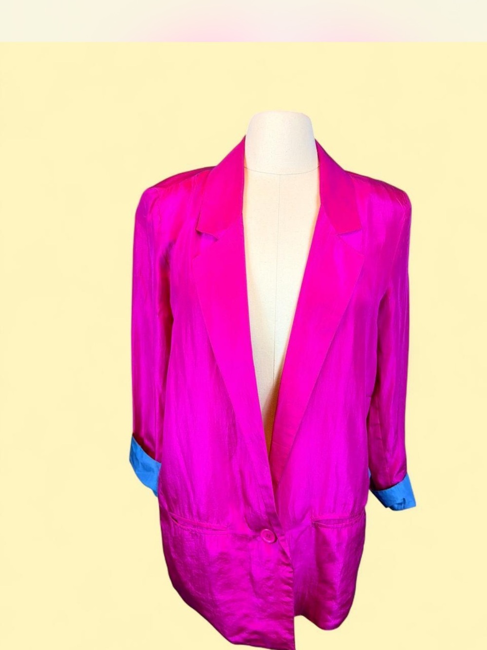 Vintage 1990s Just Silk Hot Pink 100% Silk Blazer Size S Fuchsia Turquoise Cuffs